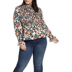 Gibson Smocked Mock Neck Floral Long Sleeve Peplum Blouse XS Black Coral Blue